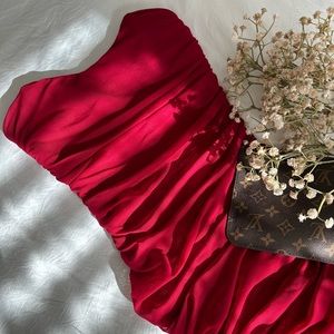 Red ruched midi dress